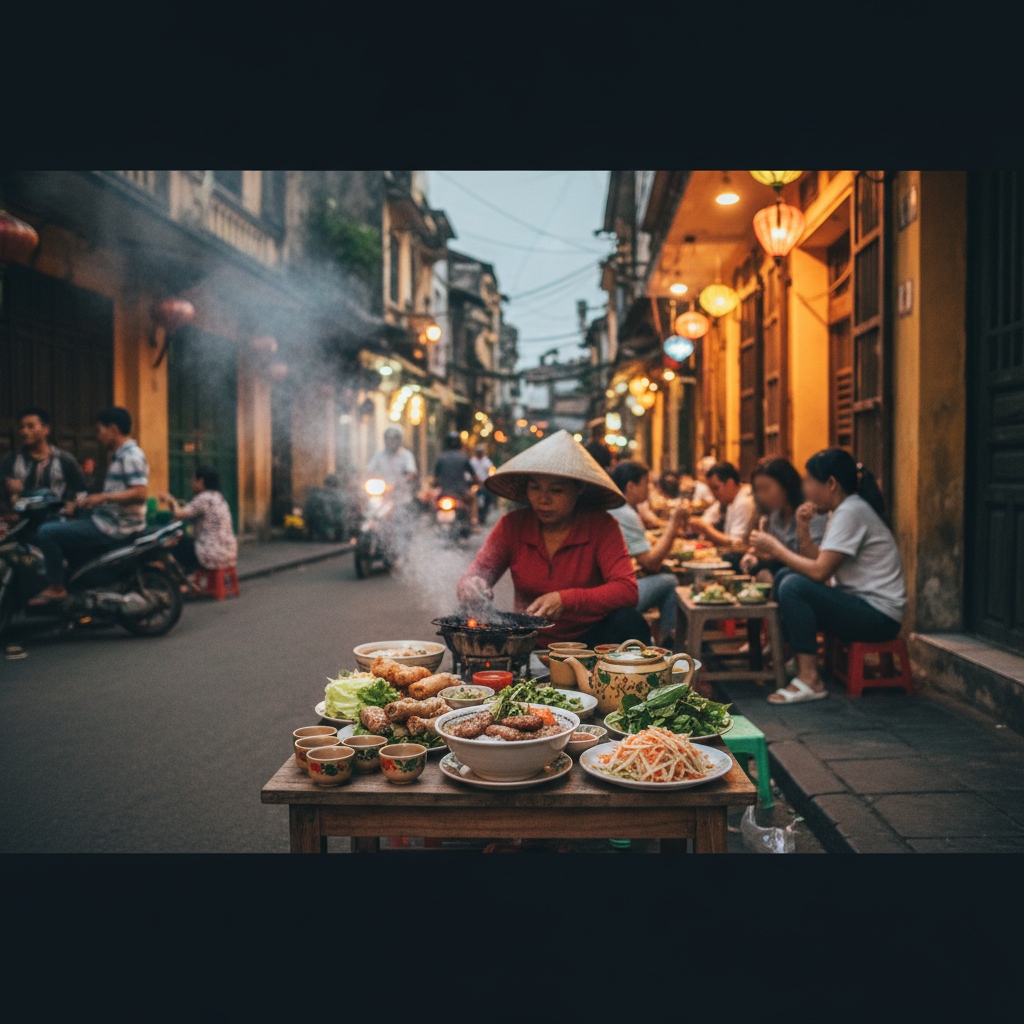 Busy street food stall in Hanoi's Old Quarter with people sitting on plastic stools.