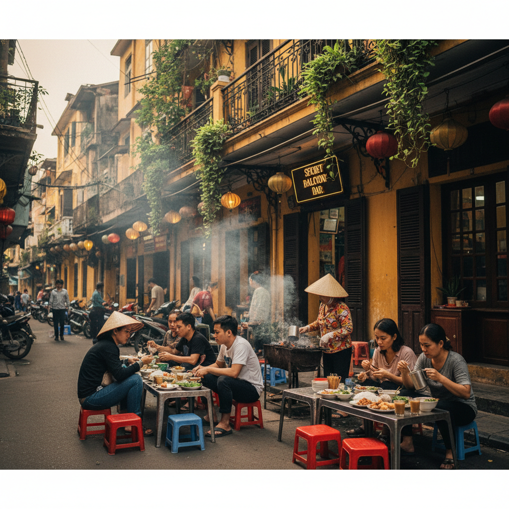 A bustling street food stall in Hanoi's Old Quarter with people sitting on plastic stools.